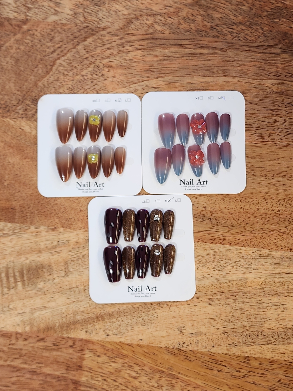 3 Sets Press-On Nail Art - Brown, Mauve-Blue Ombre, Deep Burgundy with Gold
